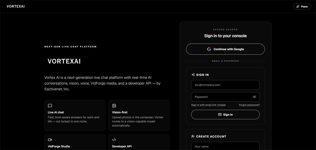 Vortex AI LLM website screenshot