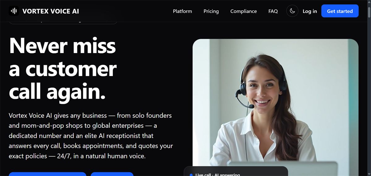 Vortex Voice AI website screenshot